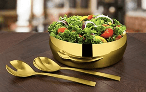 Shri & Sam Stainless Steel High Grade Stainless Steel 3 Pieces Salad Bowl with Gold PVD Coating for Salad Serving,2 Pieces Serving Spoon and 1 PC Salad Bowl 22 cm - Image 2